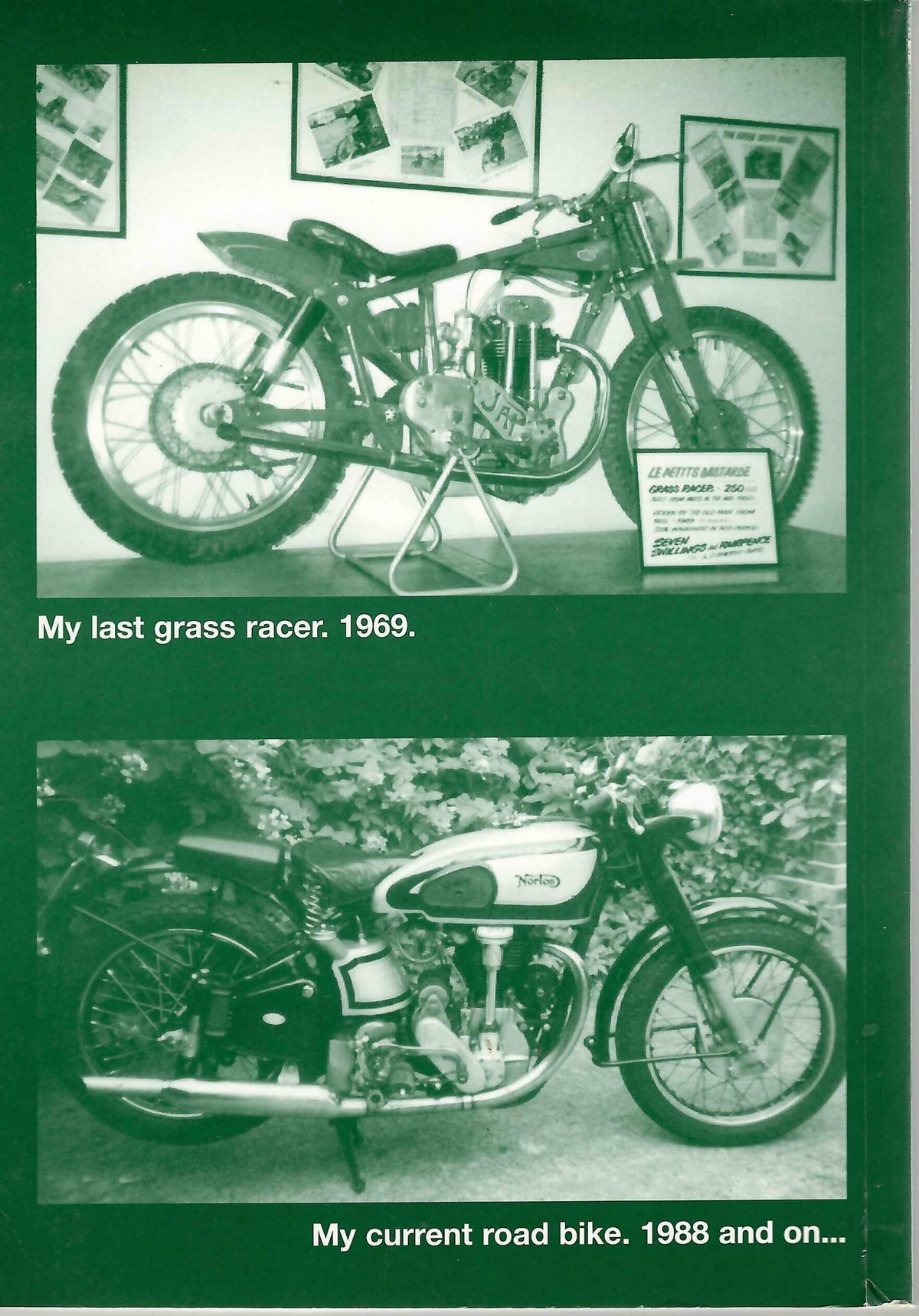 Back cover of a motorcycle racing memoir, with vintage grass track and road bikes