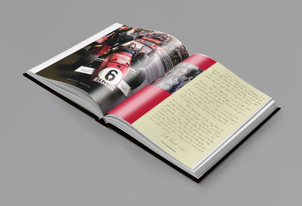 Open racing photo book with red page panel and handwritten text