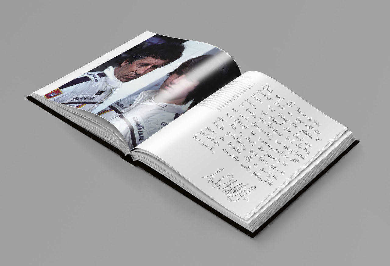 Open racing photo book with portrait on left and handwritten notes on right