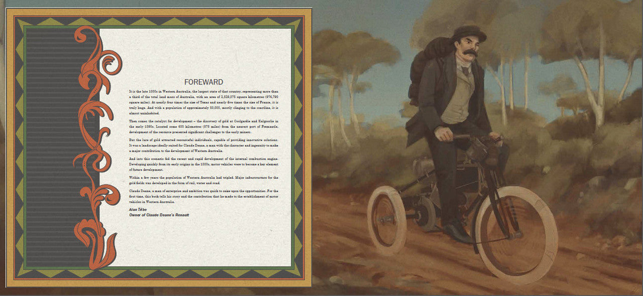 Book spread with chapter page on left and cowboy on bicycle illustration on right