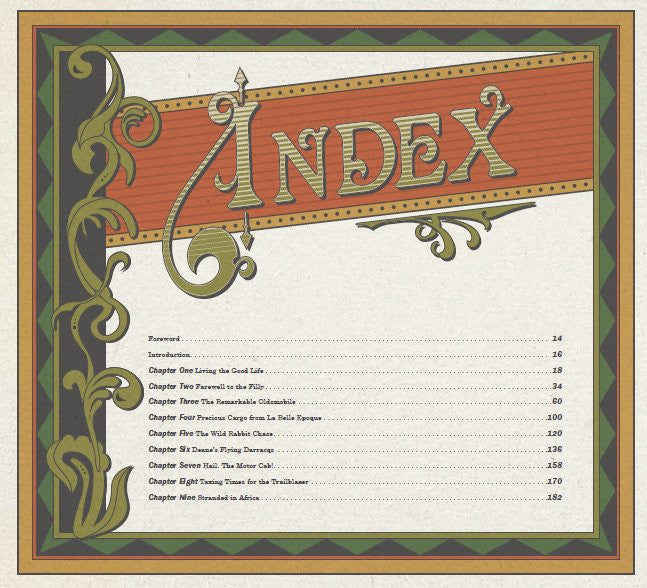 Illustrated book page with chapter list and decorative corner flourishes on beige paper