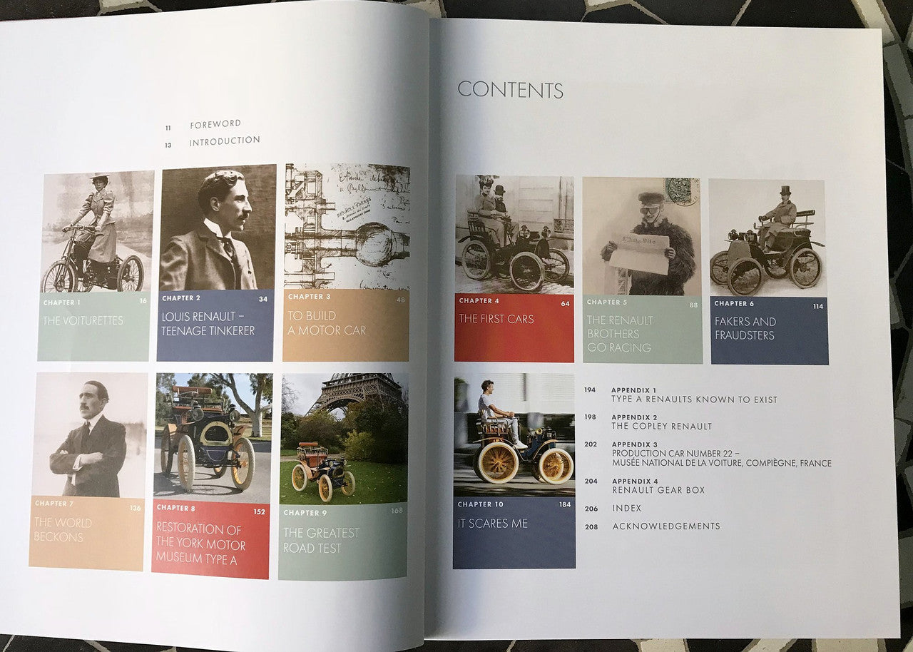 Open book showing contents layout with photo thumbnails and section titles