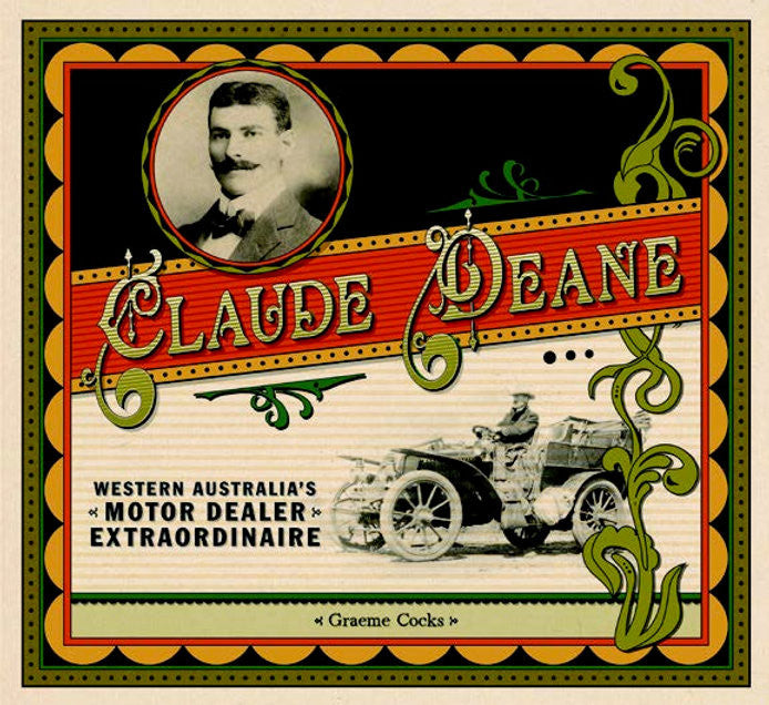 Vintage book cover with portrait photo, ornate title lettering, and car illustration panel
