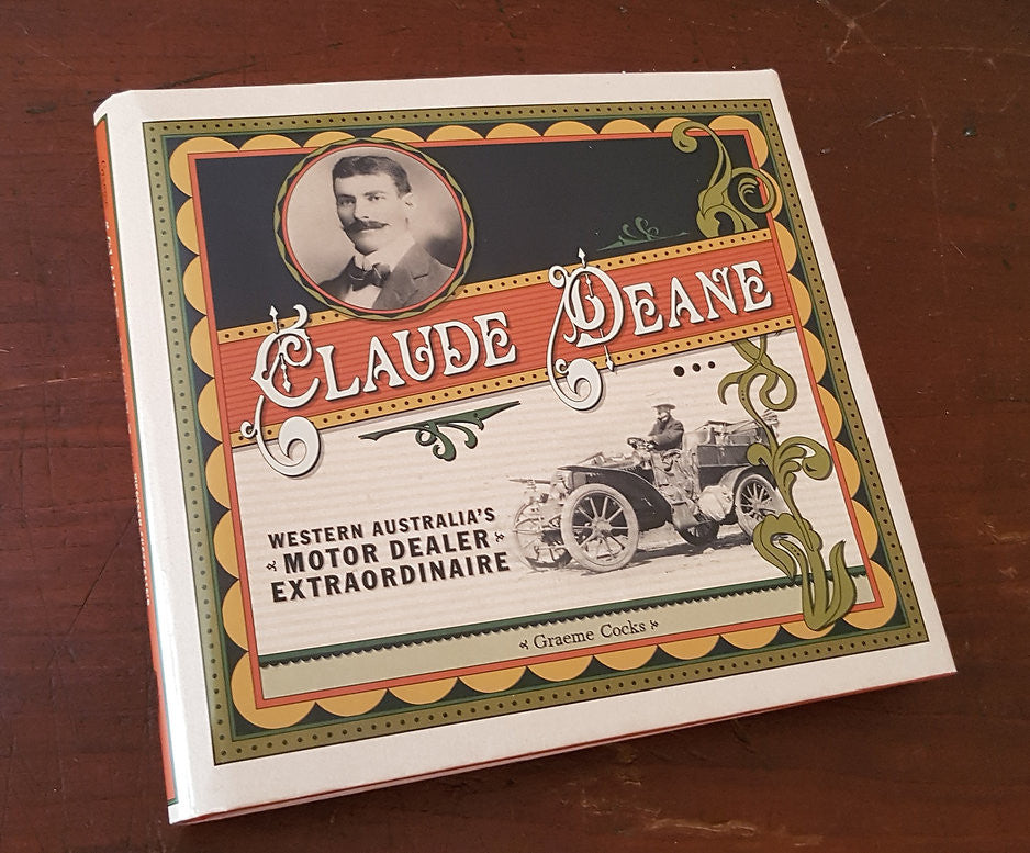 Vintage book cover with portrait medallion, ornate script title, and classic car illustration