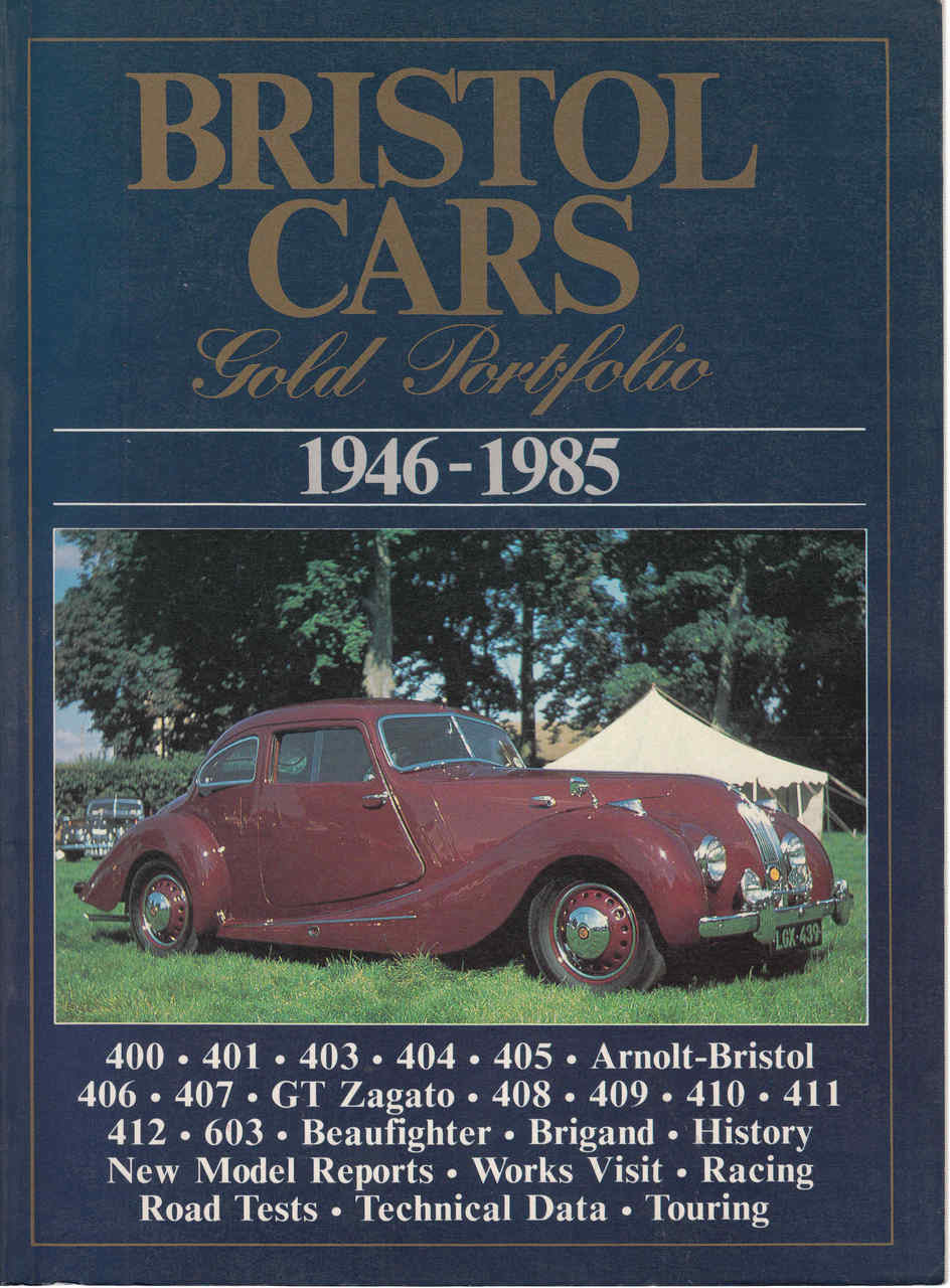 Gold Bristol Cars portfolio cover, 1946–1985, with classic car photo and text
