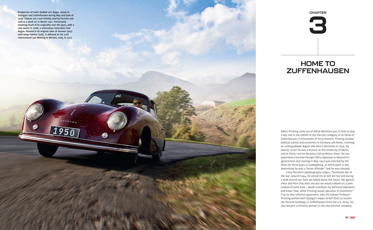 Porsche 356 75th Anniversary book spread with red vintage car on road