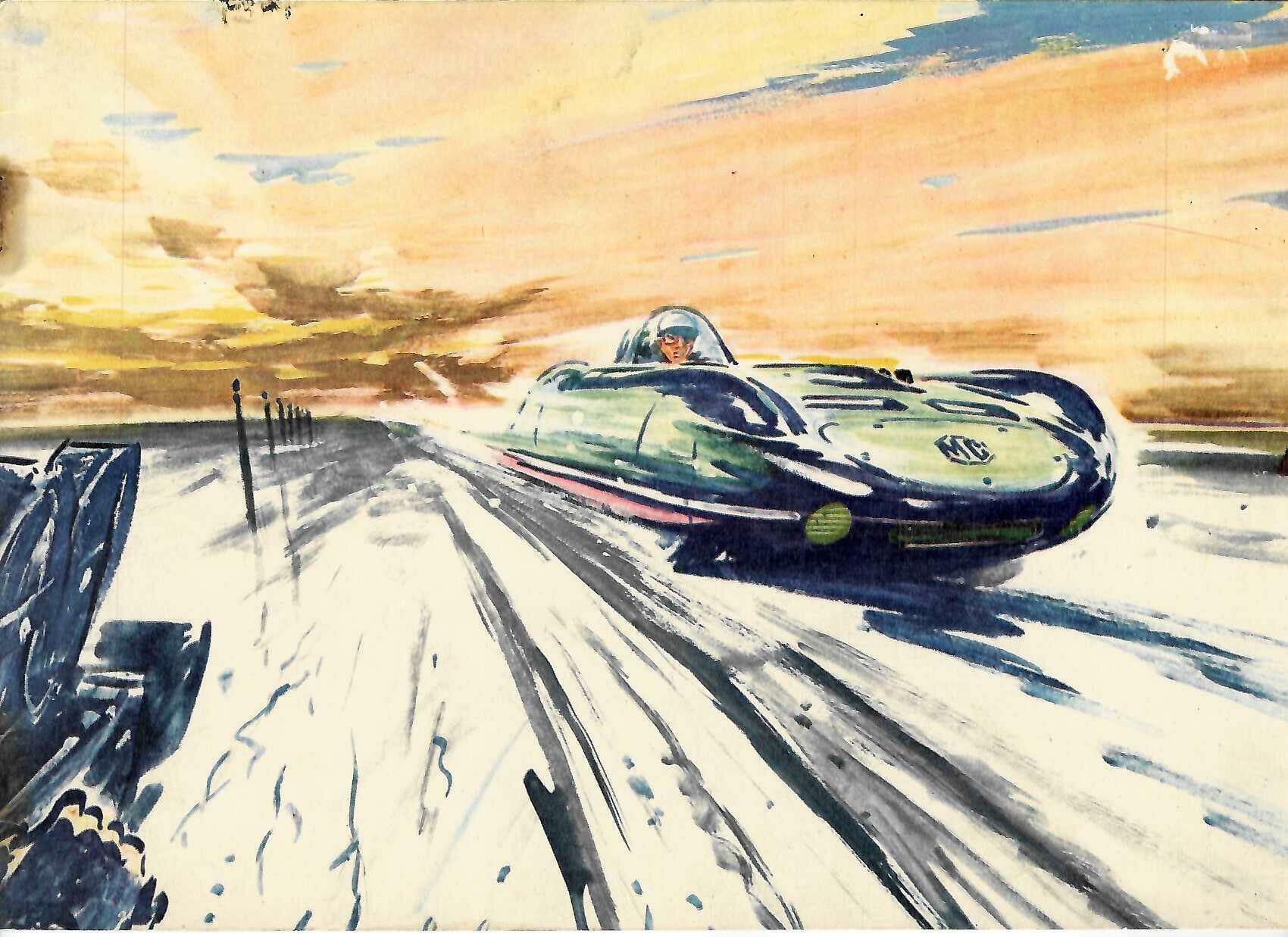 Motorsport yearbook cover art close-up of blue race car on track