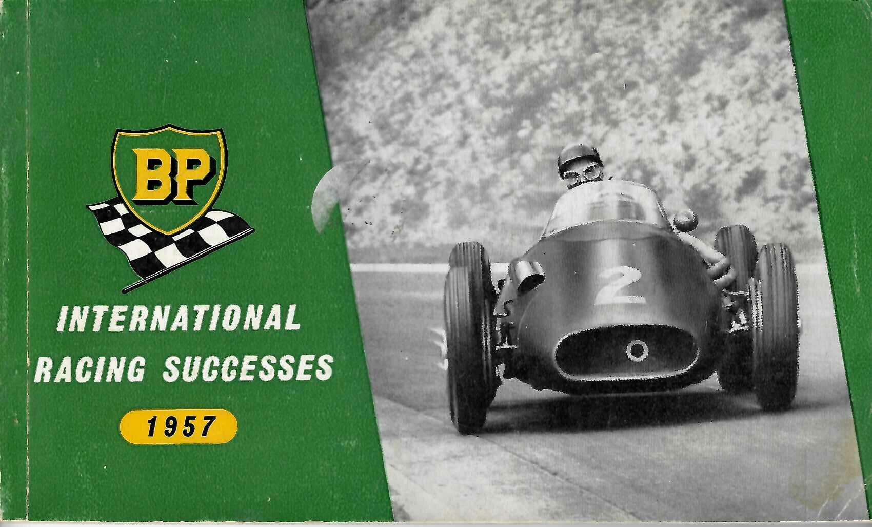 Yearbook cover: green BP logo, “International Racing Successes” and racing car photo, 1957