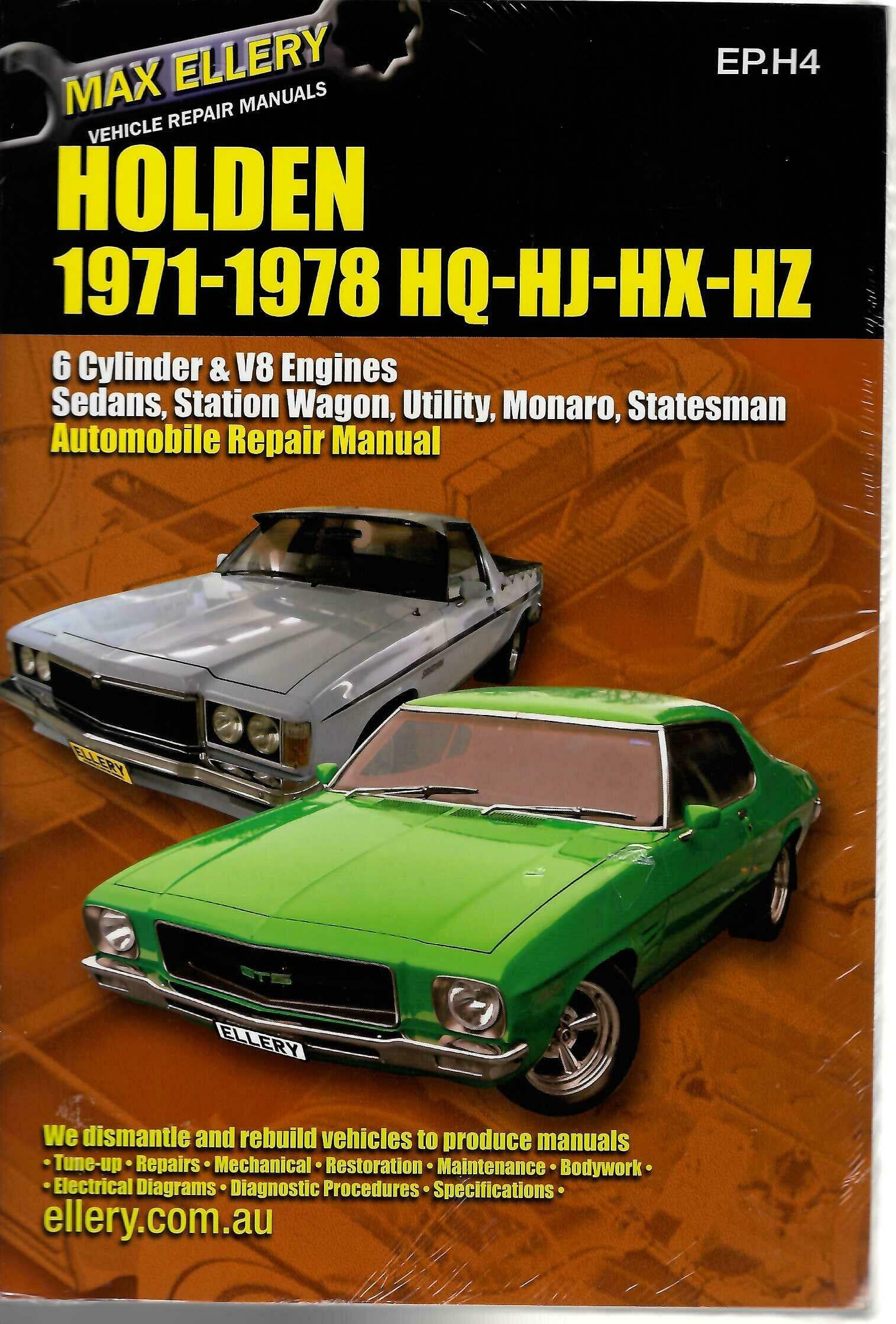 1971-1978 Holden HQ-HJ-HX-HZ automobile repair manual cover with green and gray car