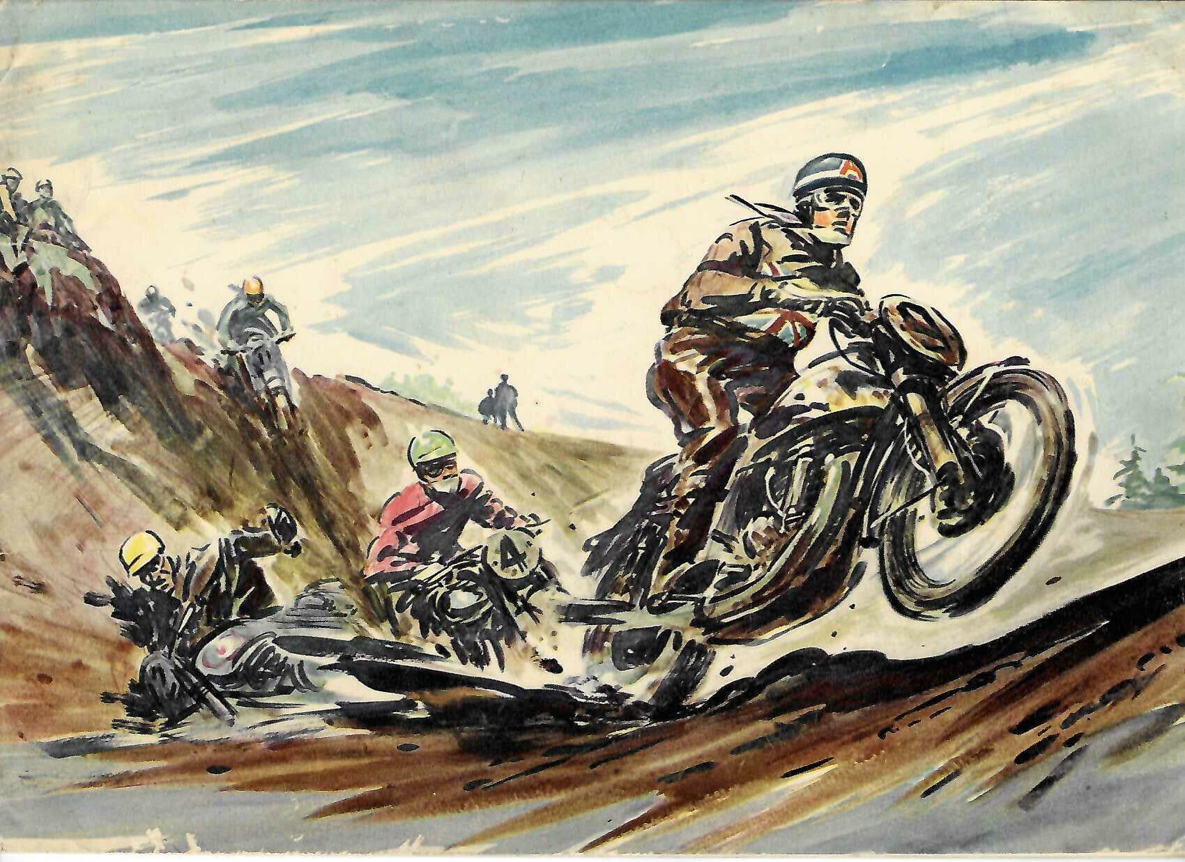 Racing yearbook book cover with motorcyclists in action on a painted desert road scene