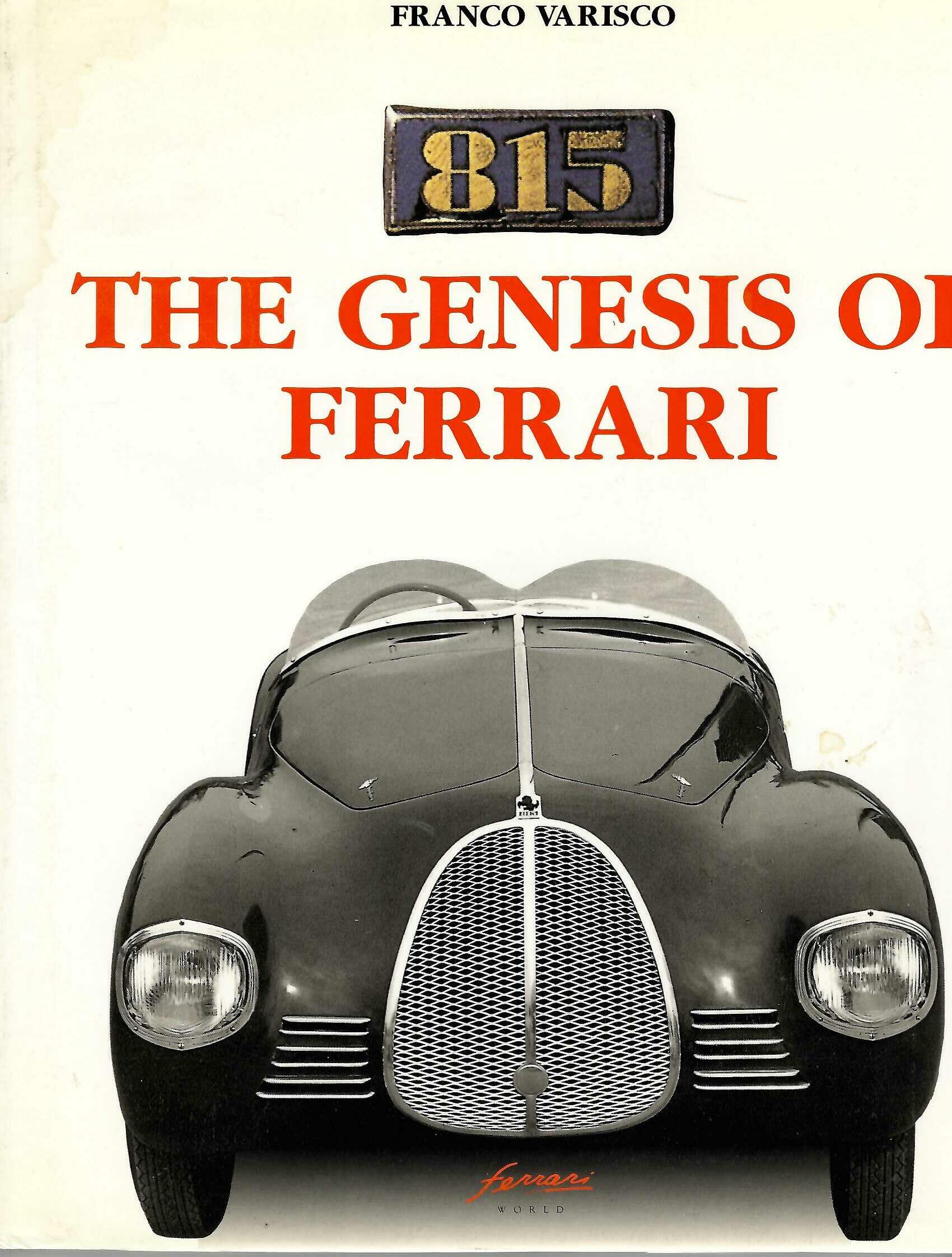 Hardcover book cover with 815 badge and The Genesis of Ferrari title, plus classic car front