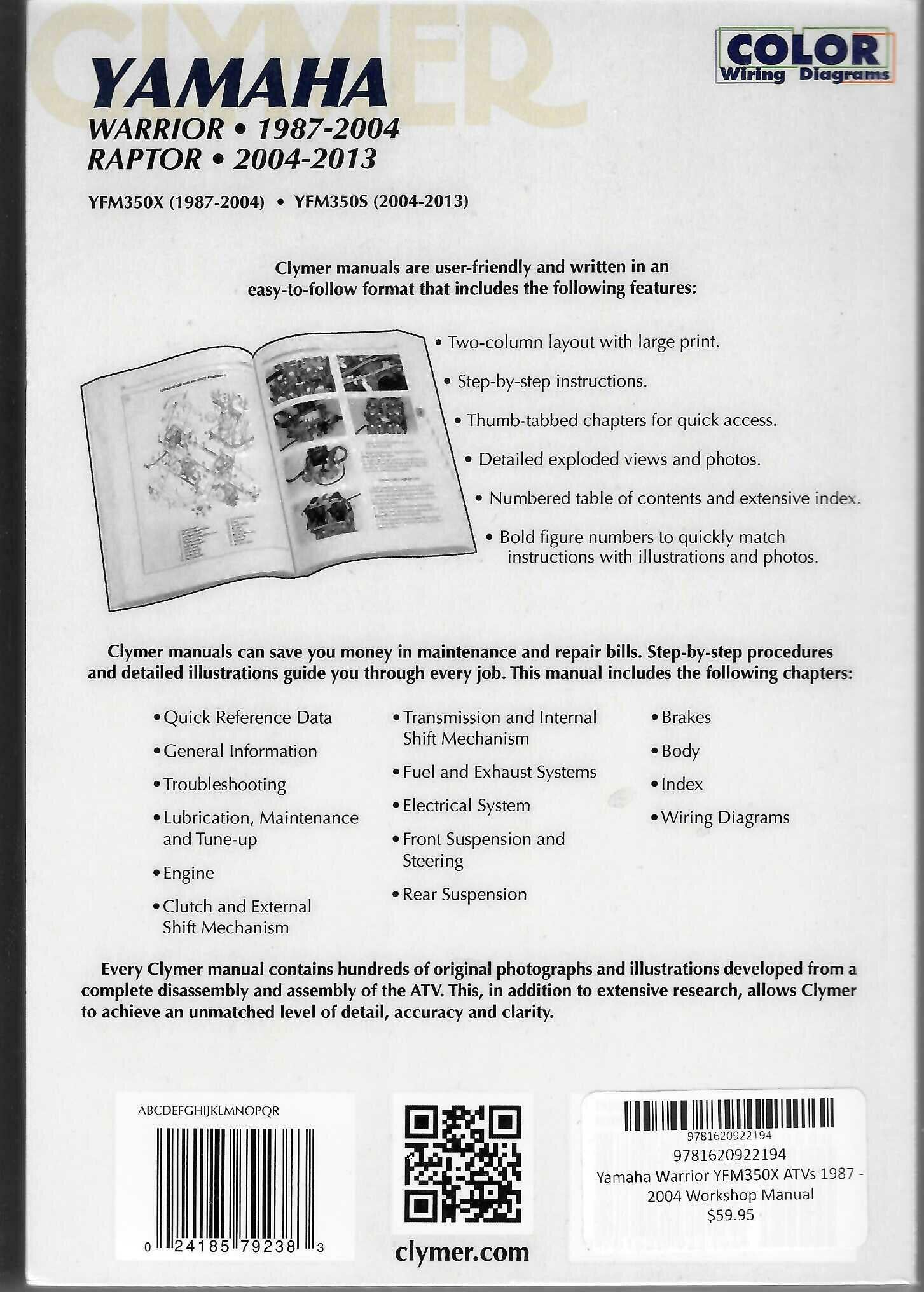 Yamaha ATV repair manual back cover with contents list, M487-5, QR code