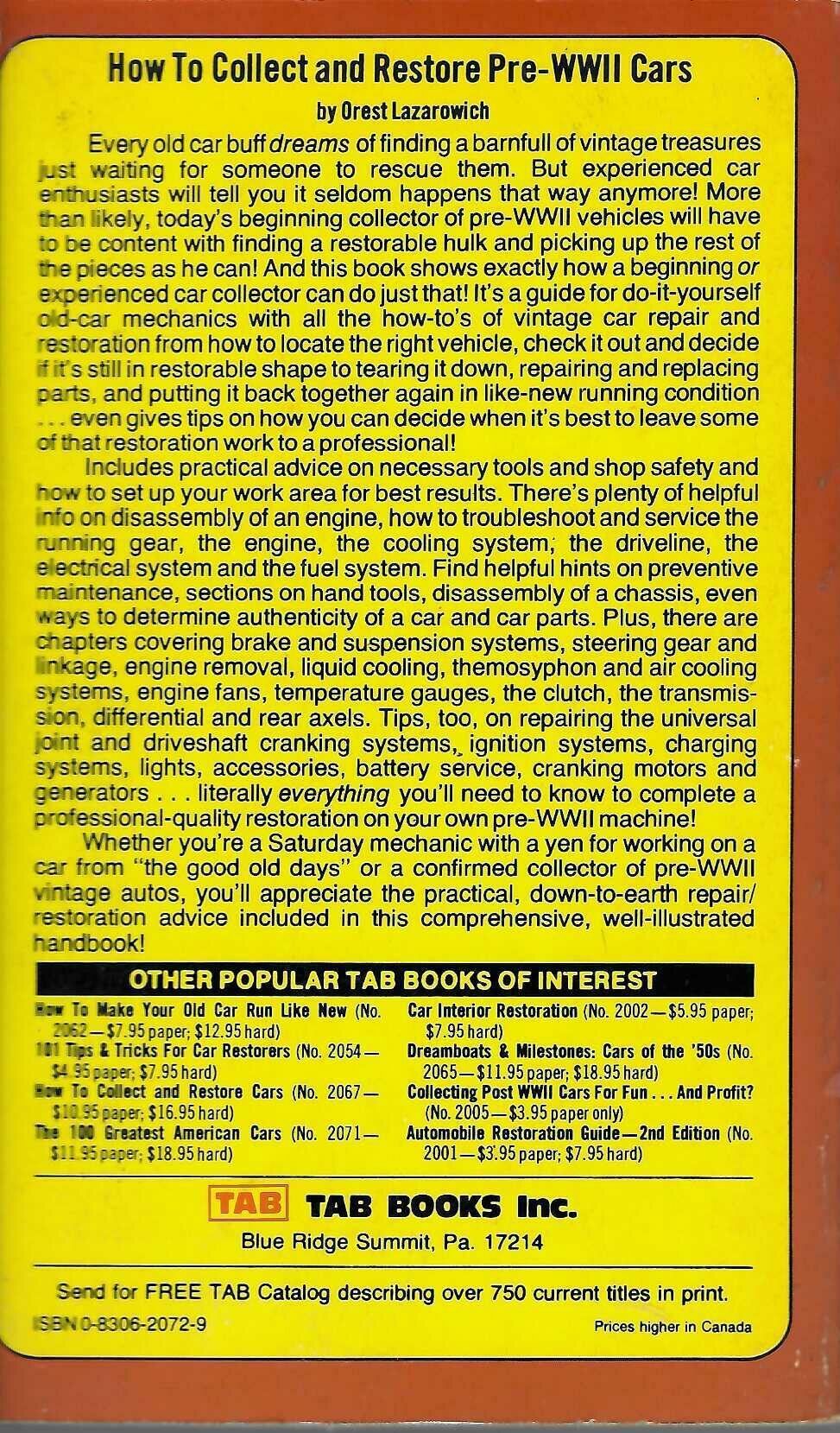 How to Collect and Restore Pre-WWII Cars — Orest Lazarowich (TAB Books, 1979)