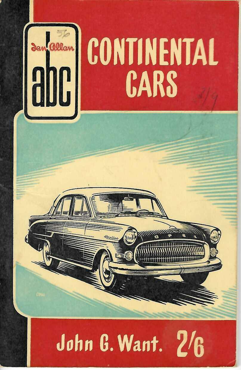 Continental Cars 1956 vintage car guide book cover with classic car illustration and John G. Want text