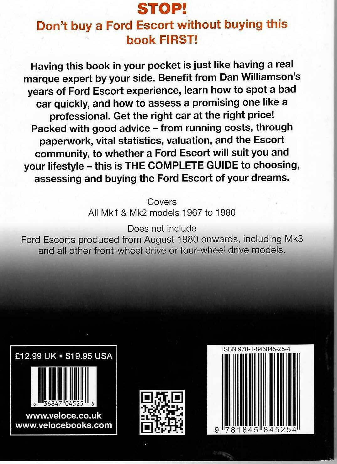 Back cover of Ford Escort Mk1/Mk2 buyer's guide book with barcode and pricing.