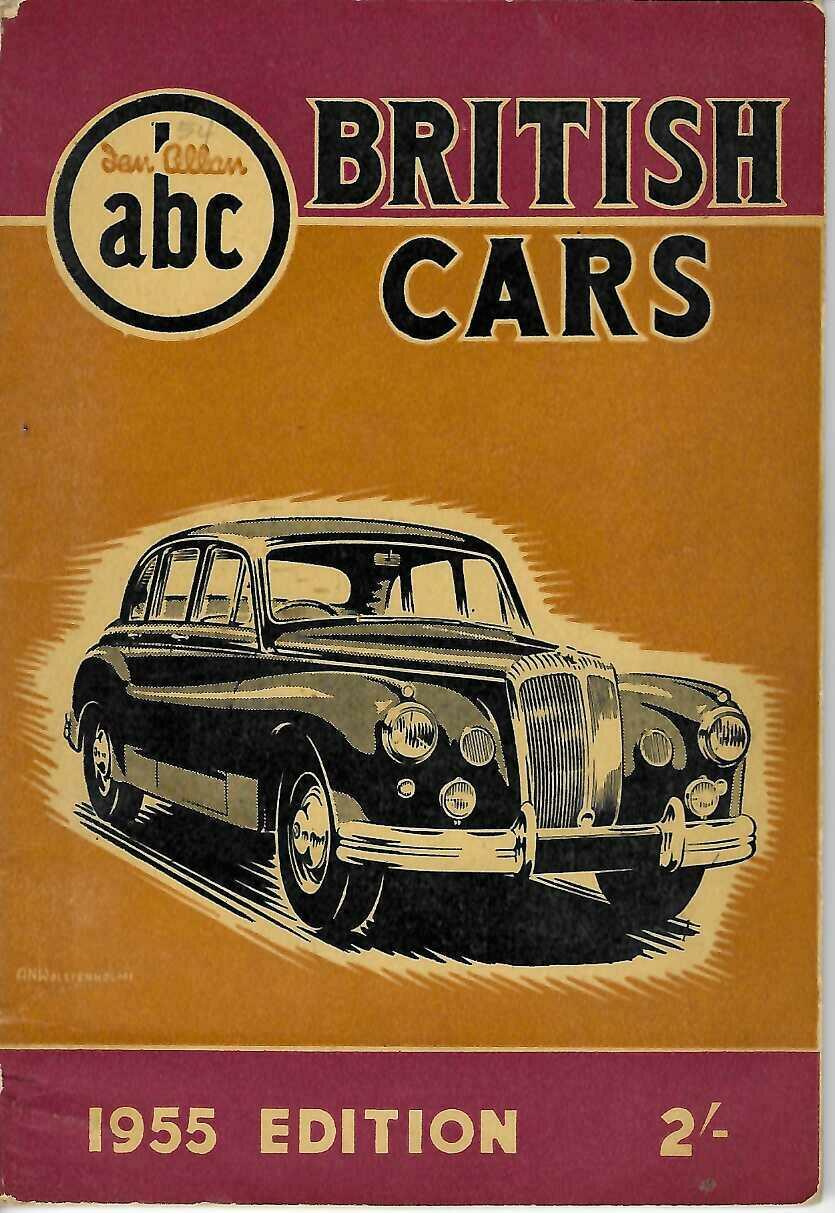 Vintage British cars guide book cover, black classic car illustration, '1955 Edition'