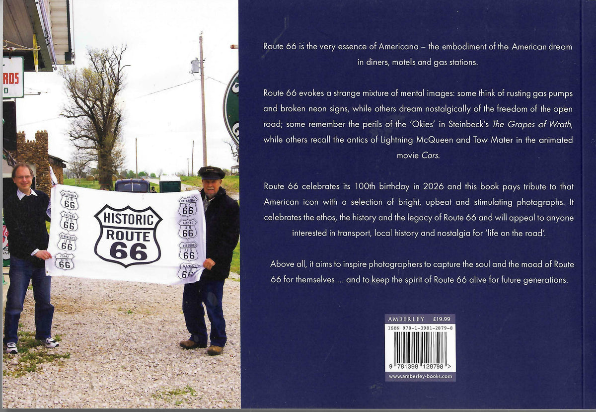 Open Route 66 history book showing photos on left and printed text on right