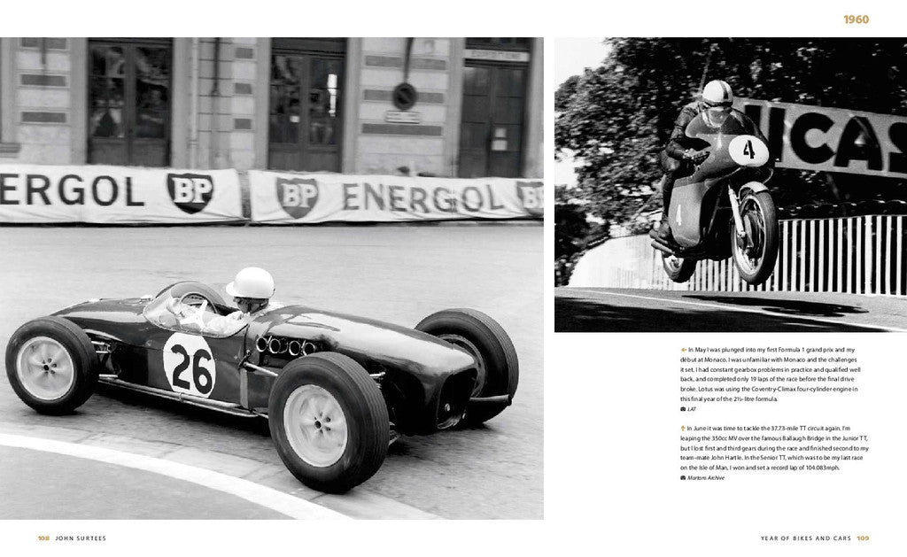 Motorsport biography book spread, vintage racing car and motorcycle on street