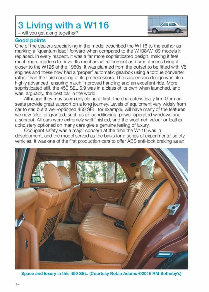 Living with a W116 page with text and photo of tan rear passenger seats