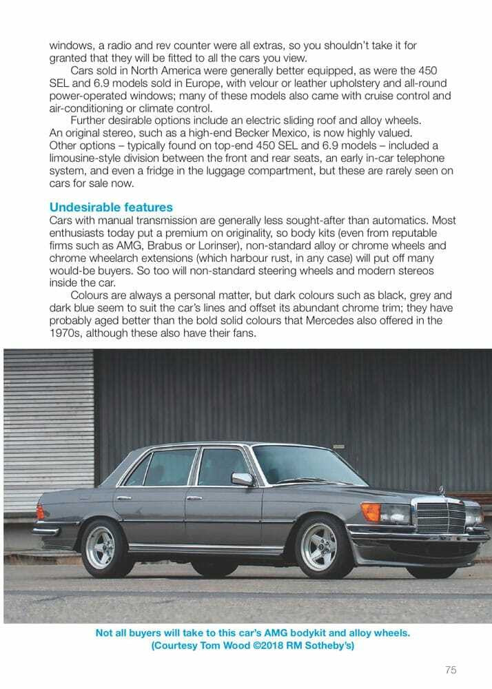 Features page with text and photo of gray classic sedan in side profile