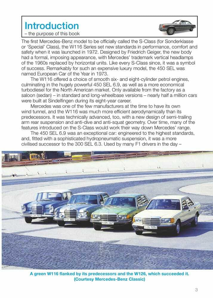 Introduction page with paragraphs and lineup photos of classic S-Class sedans