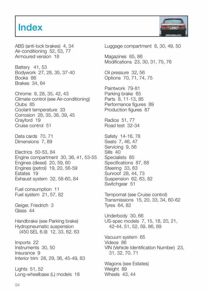Index page with alphabetized topics and page numbers for car guide content