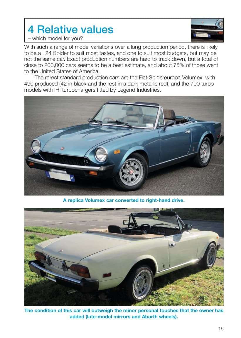 Classic blue convertible sports car on a book page, with “4 Relative values” header