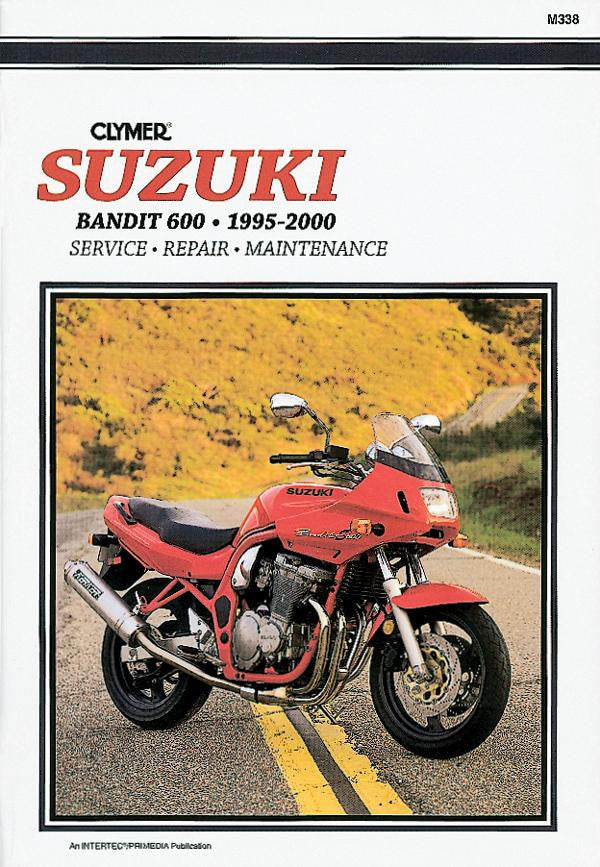 Motorcycle service repair manual cover with red Suzuki Bandit 600 bike and Clymer logo