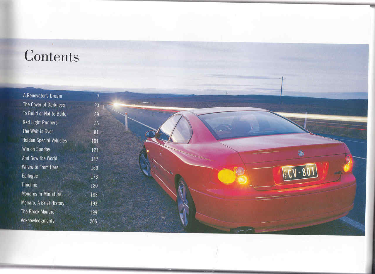 Book spread with contents list and red sports car photo