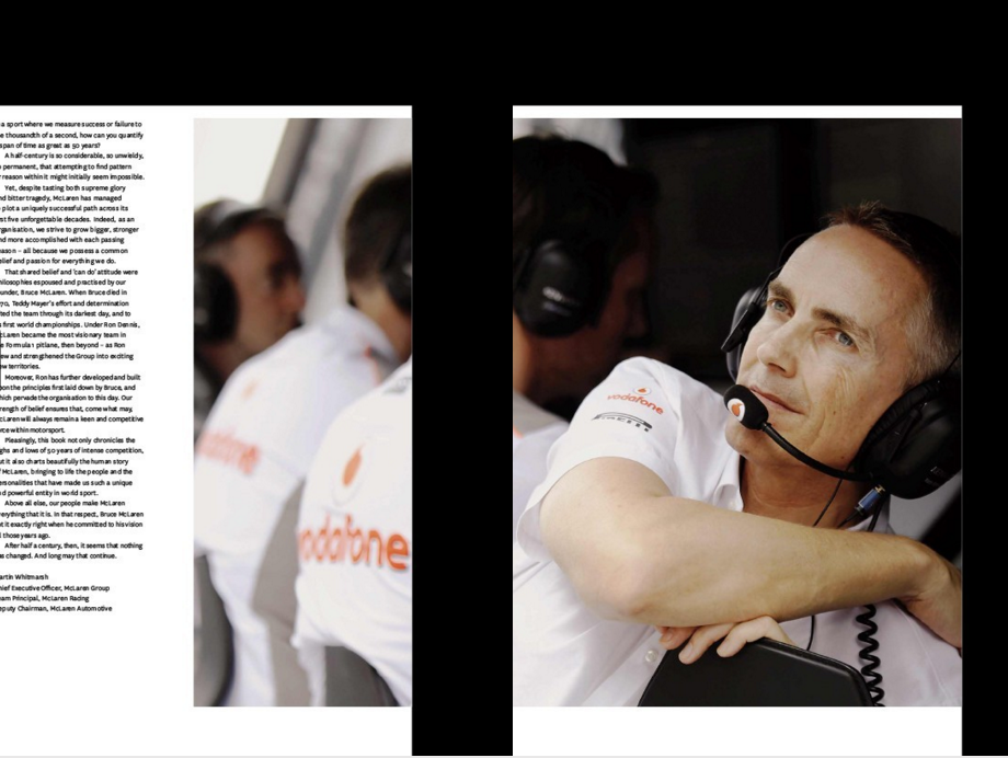 Book page spread with racing team headset operator in white shirt