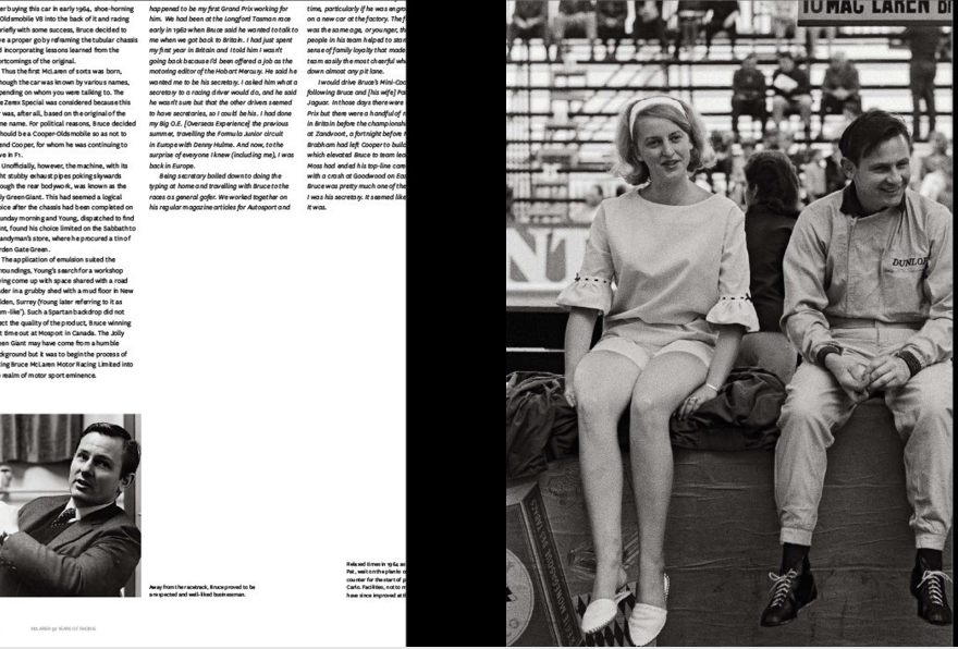 Book spread with printed text and black-and-white photo of seated racers