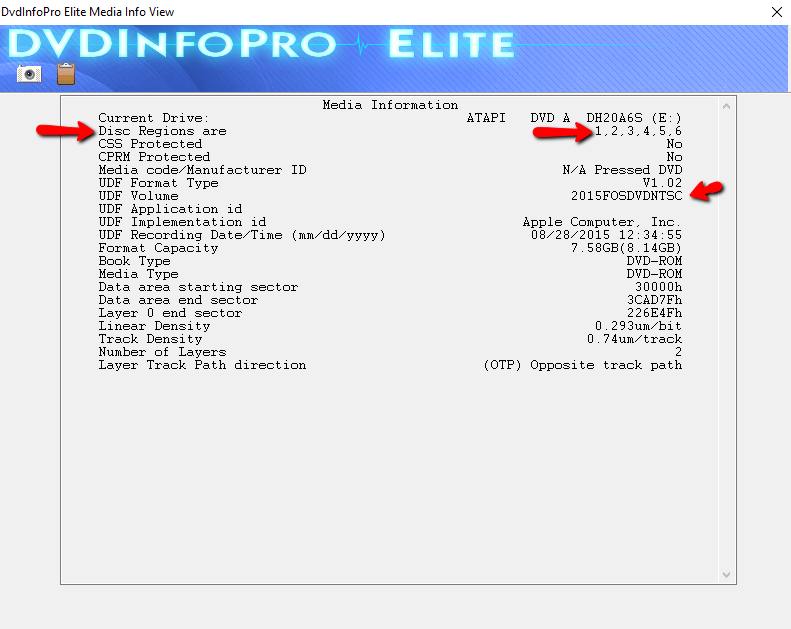 DVD player software media info window with disc details text