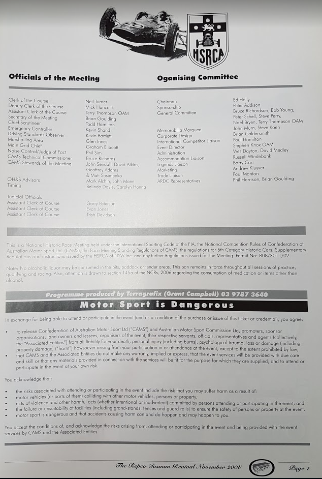 Tasman Revival Eastern Creek international Raceway November 28 - 29 -30 2008 Programme