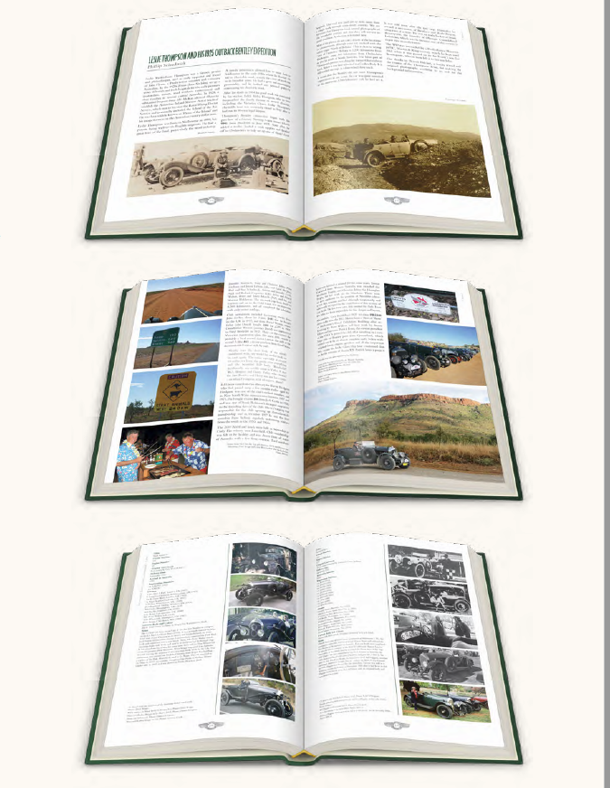 Vintage car photo book open to spreads with vehicle photos and captions
