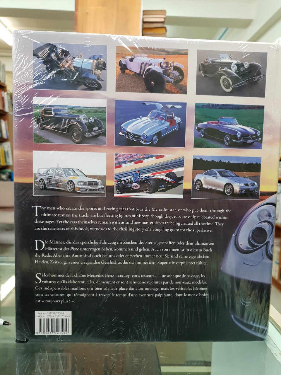 Car photo collage hardcover back cover with barcode and vintage blue Mercedes