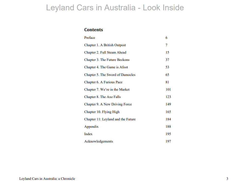 Leyland cars chronicle book contents page with chapter list