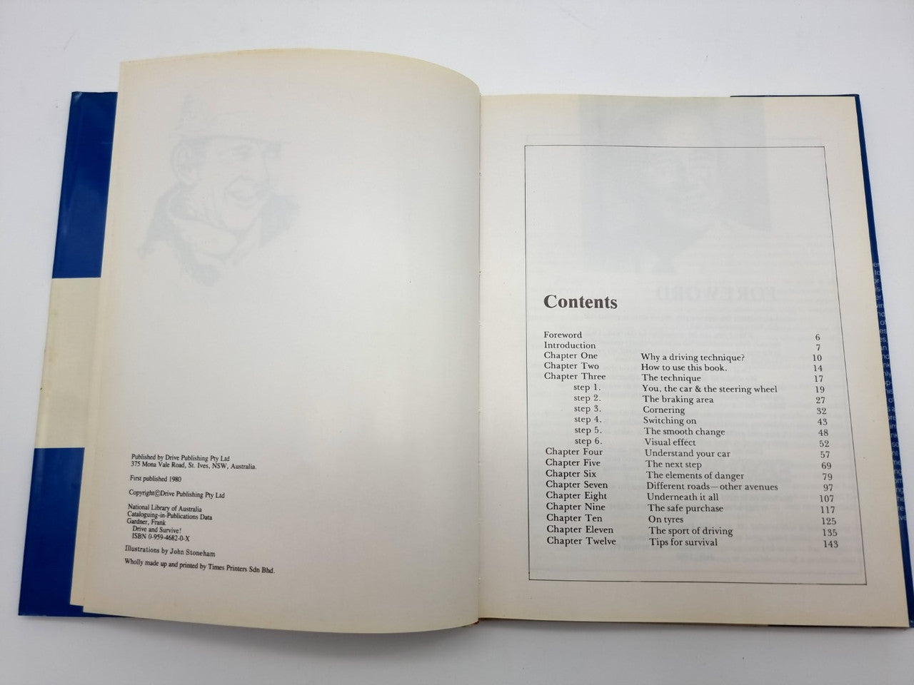 Driving survival book open to contents page with section headings