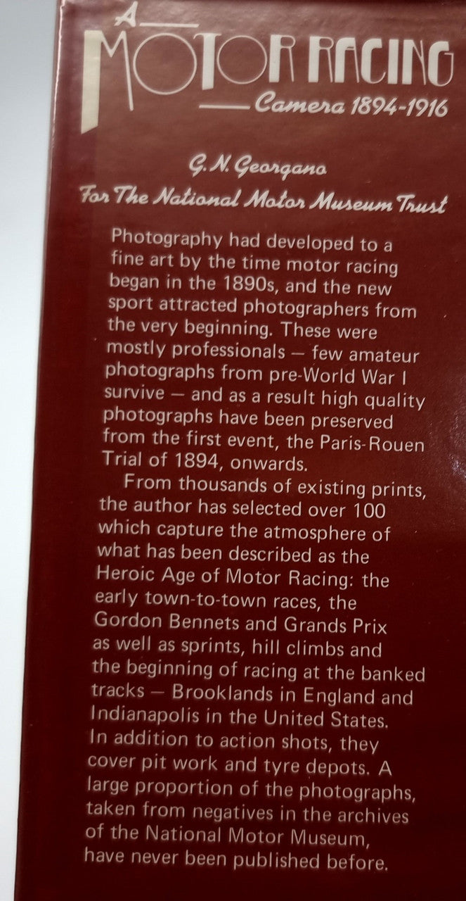 Hardcover book back cover with racing-photo collage and dense descriptive text