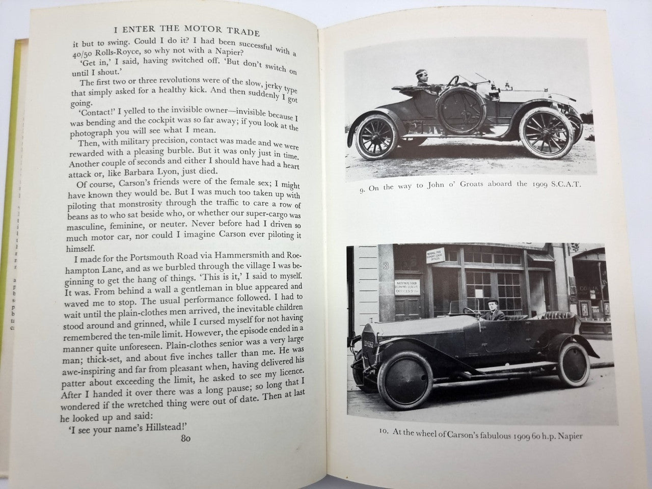 Open book spread featuring classic car photos and surrounding printed article text.