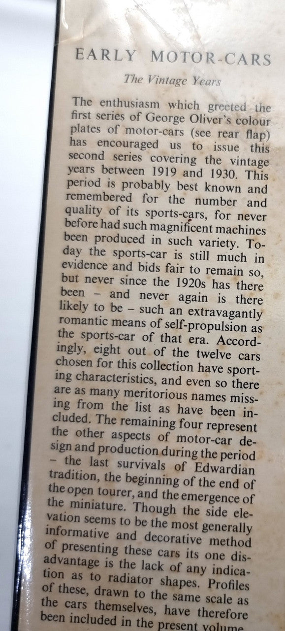 Early motor-cars interior page with printed paragraphs of vintage-car description