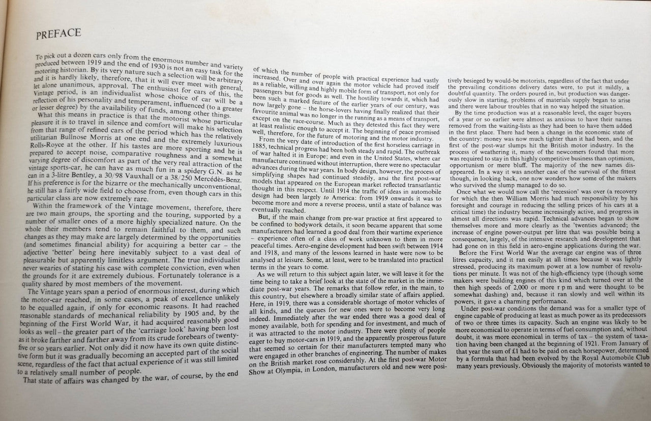 Early motor-cars preface page with dense printed text in multiple columns