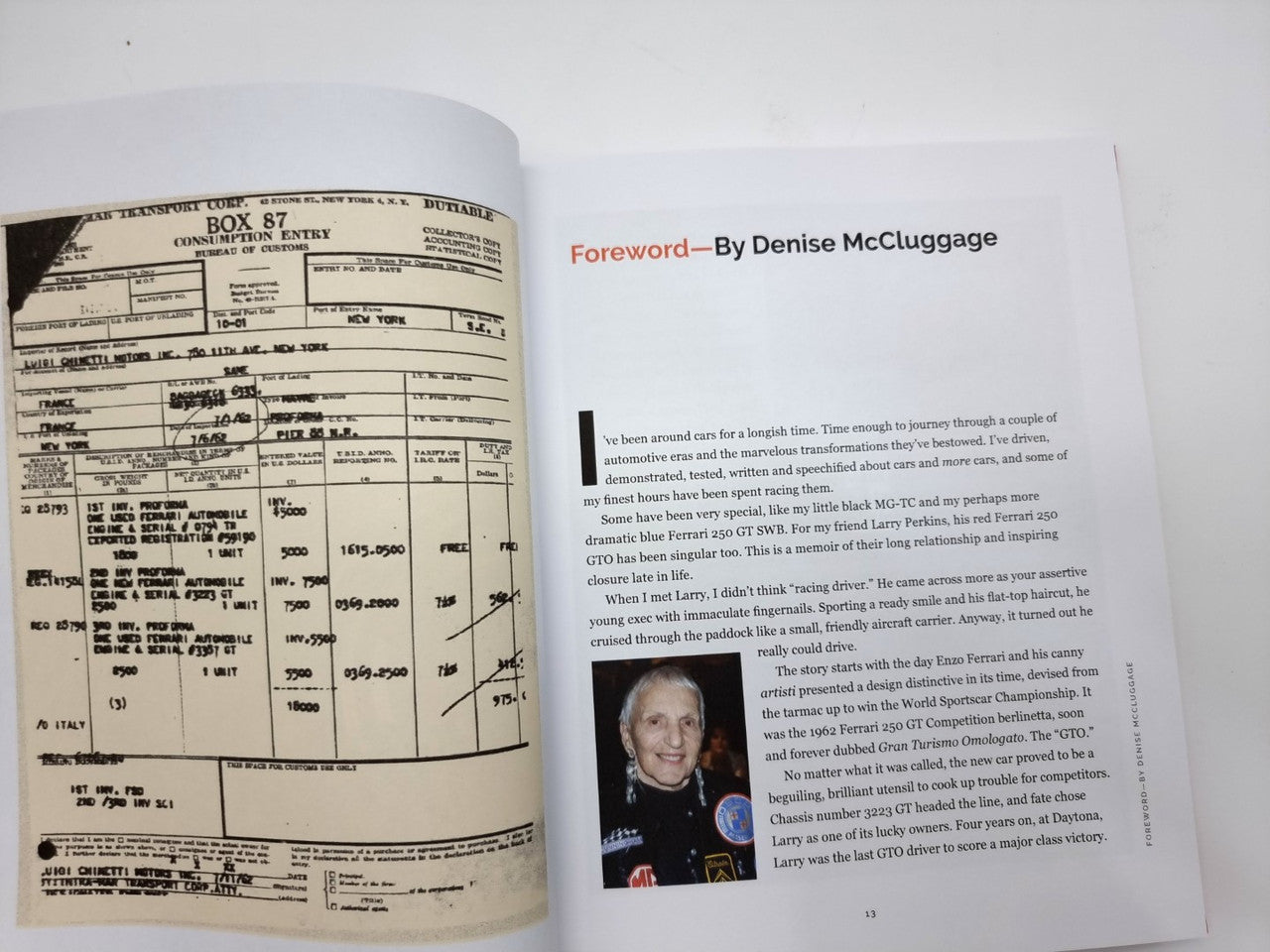 Hardcover book open showing foreword page with portrait photo and a reference-style table