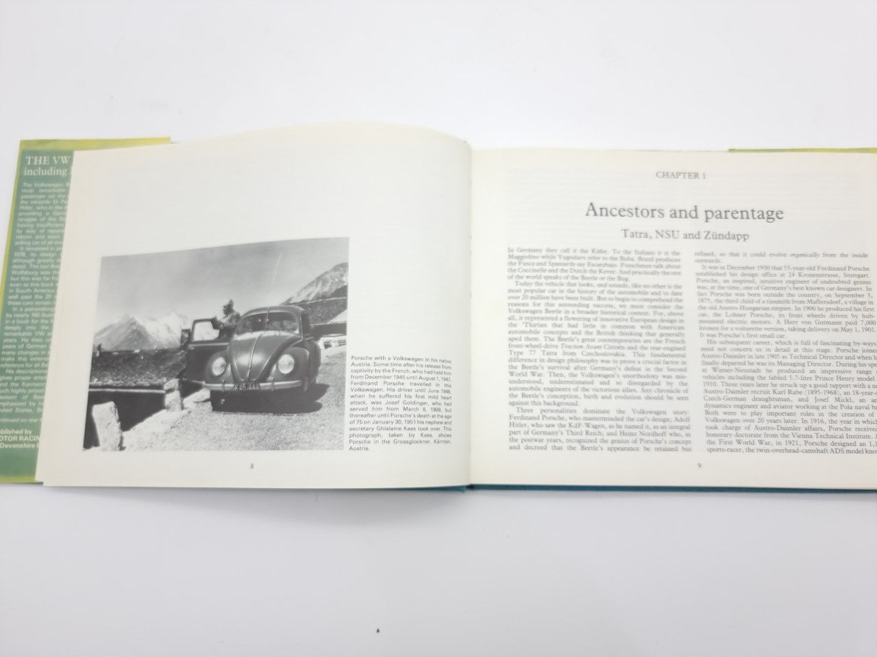 Volkswagen Beetle guidebook open, black-and-white car photo and chapter text