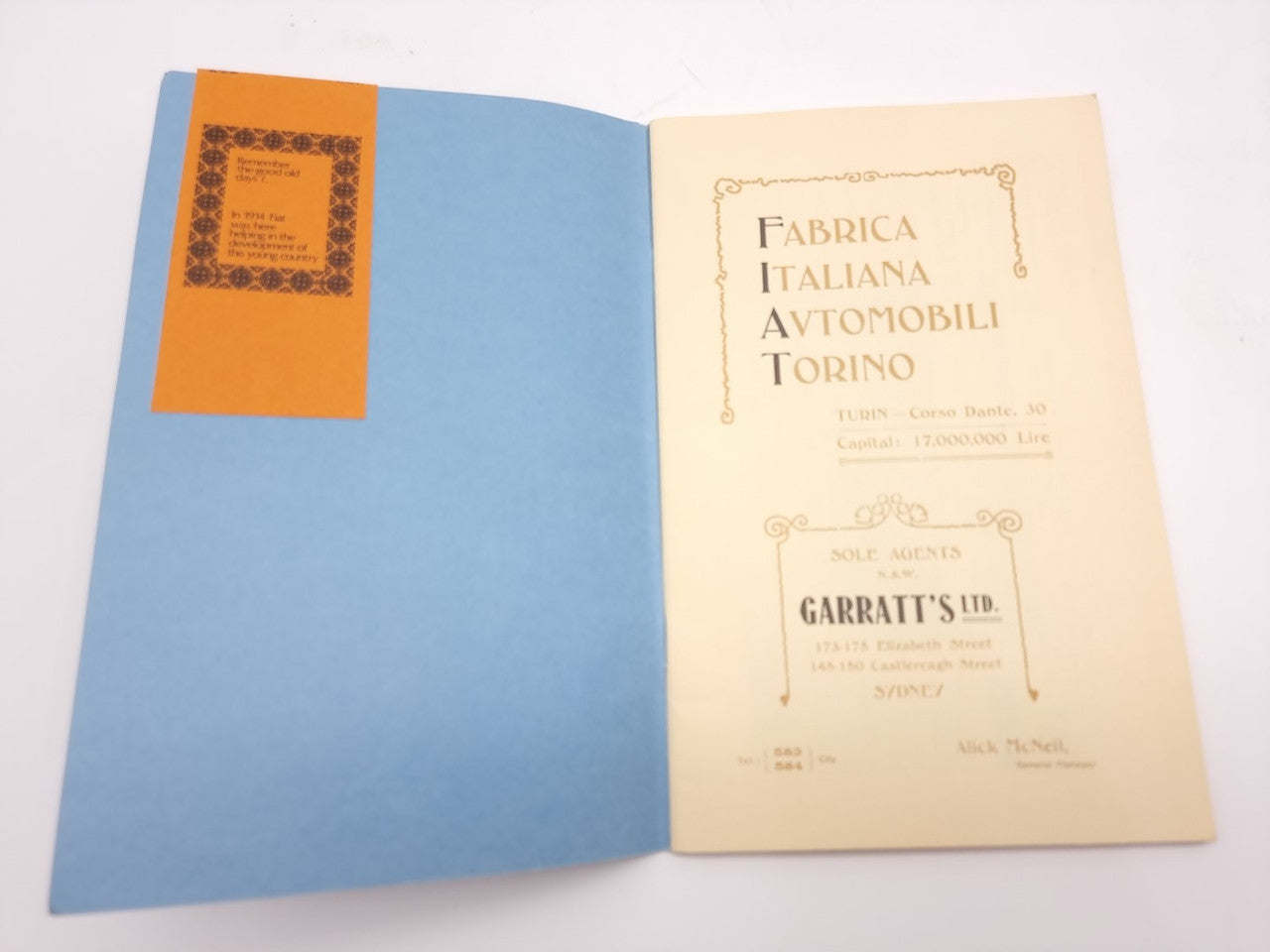 Fiat souvenir catalogue reprint open to a title page showing Italian factory text