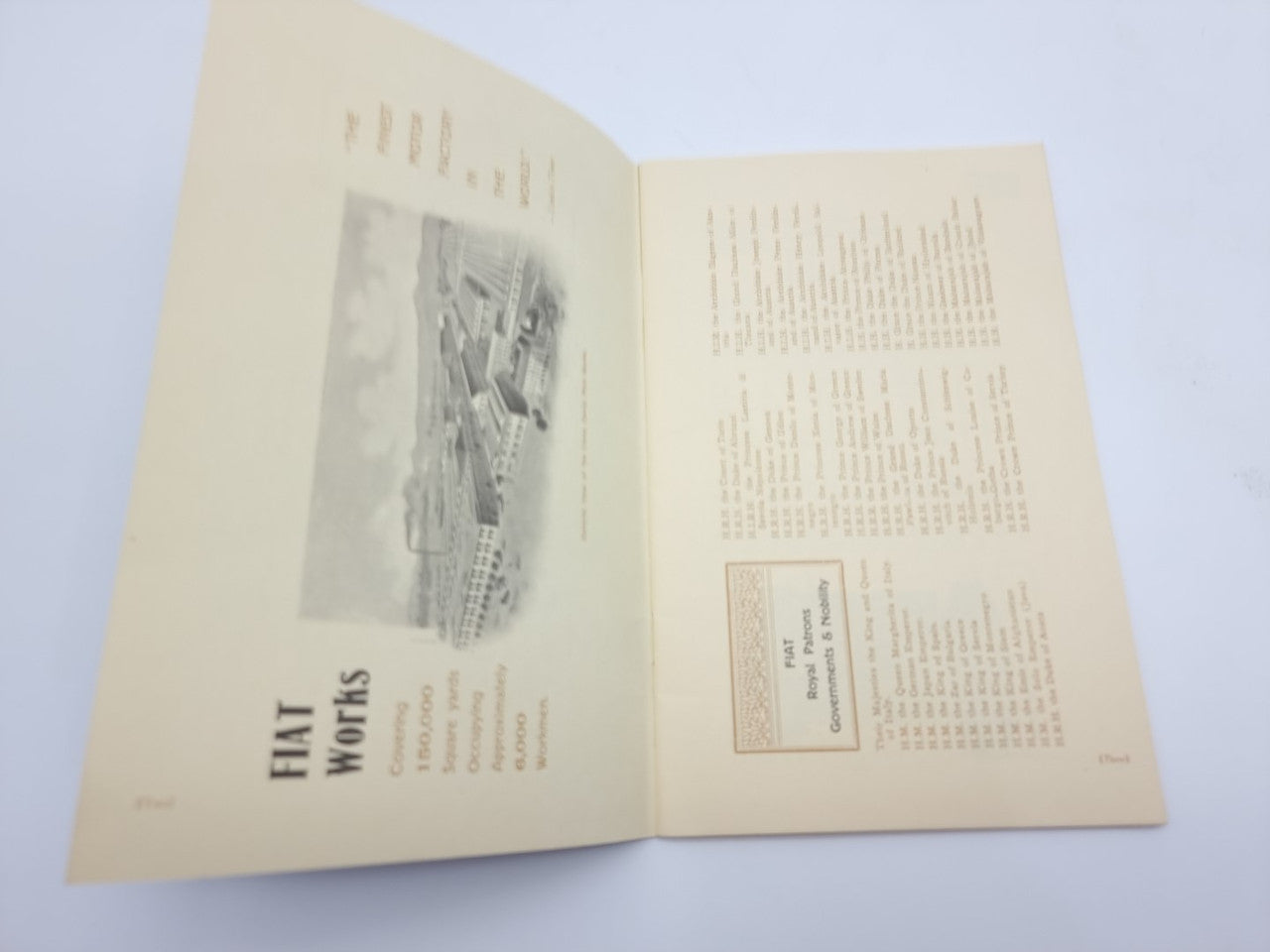 Fiat souvenir catalogue reprint open to a page with vehicle photo and “Fiat Works” heading