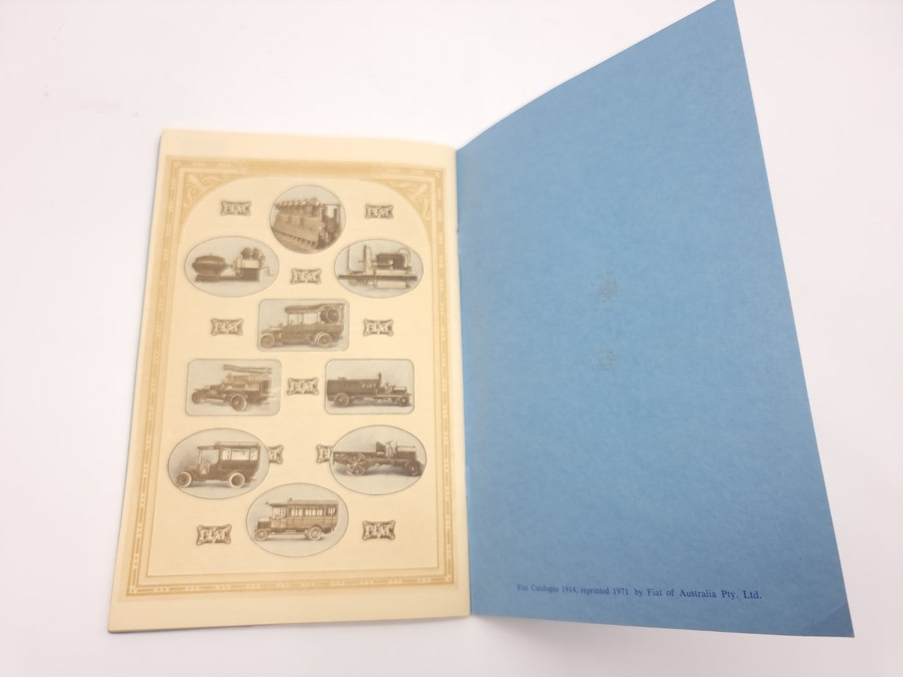 Fiat souvenir catalogue reprint open spread with small vintage car images on the left page