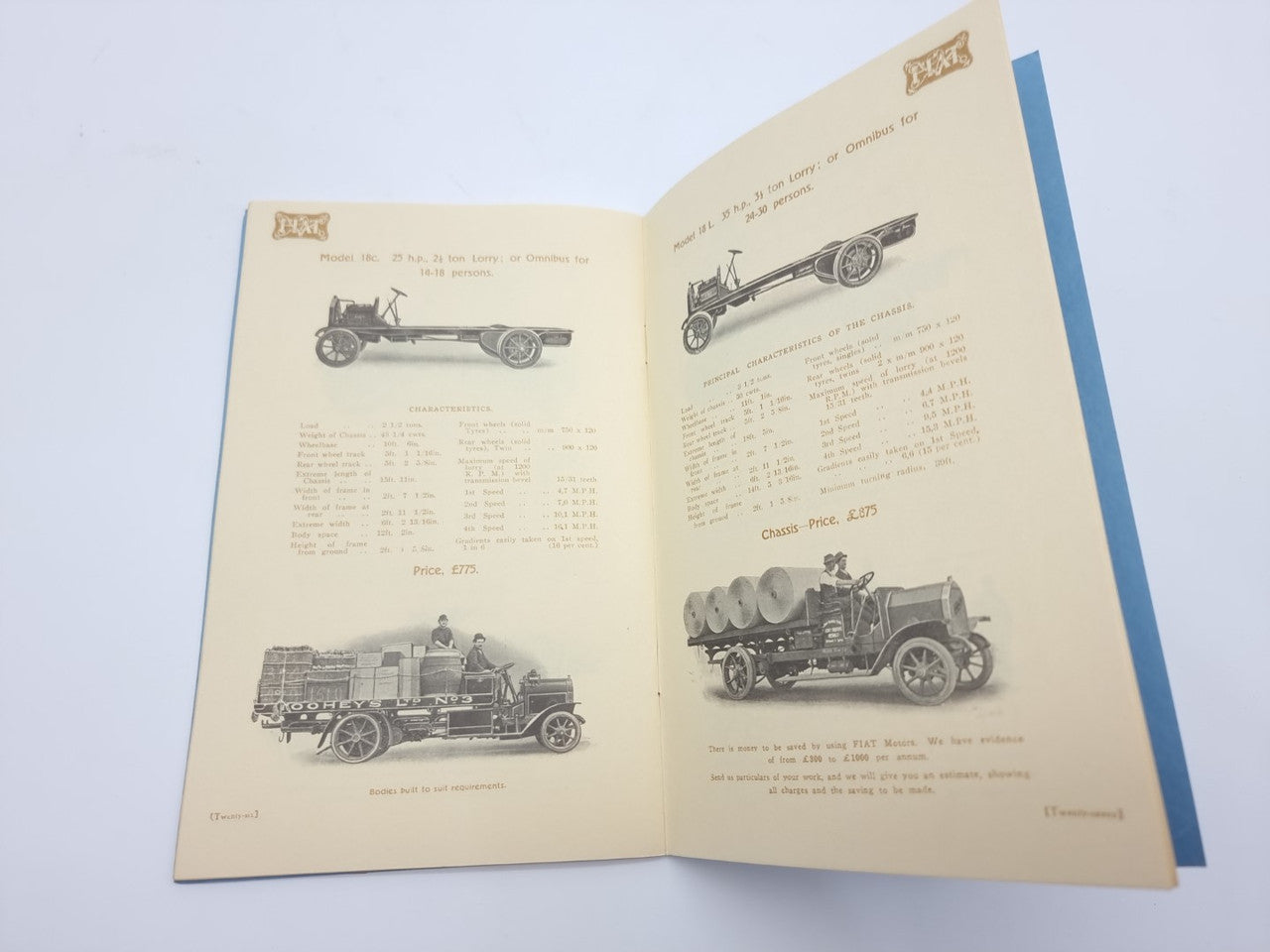 Fiat souvenir catalogue reprint open to illustrated car models with price and specifications tables