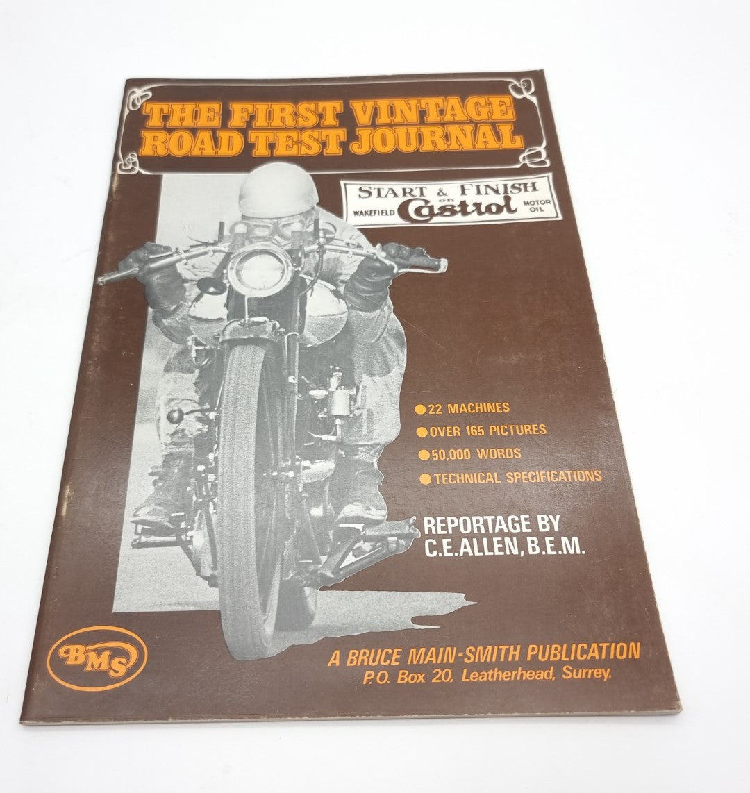 Vintage road test journal cover with motorcycle graphic, title, and technical spec text