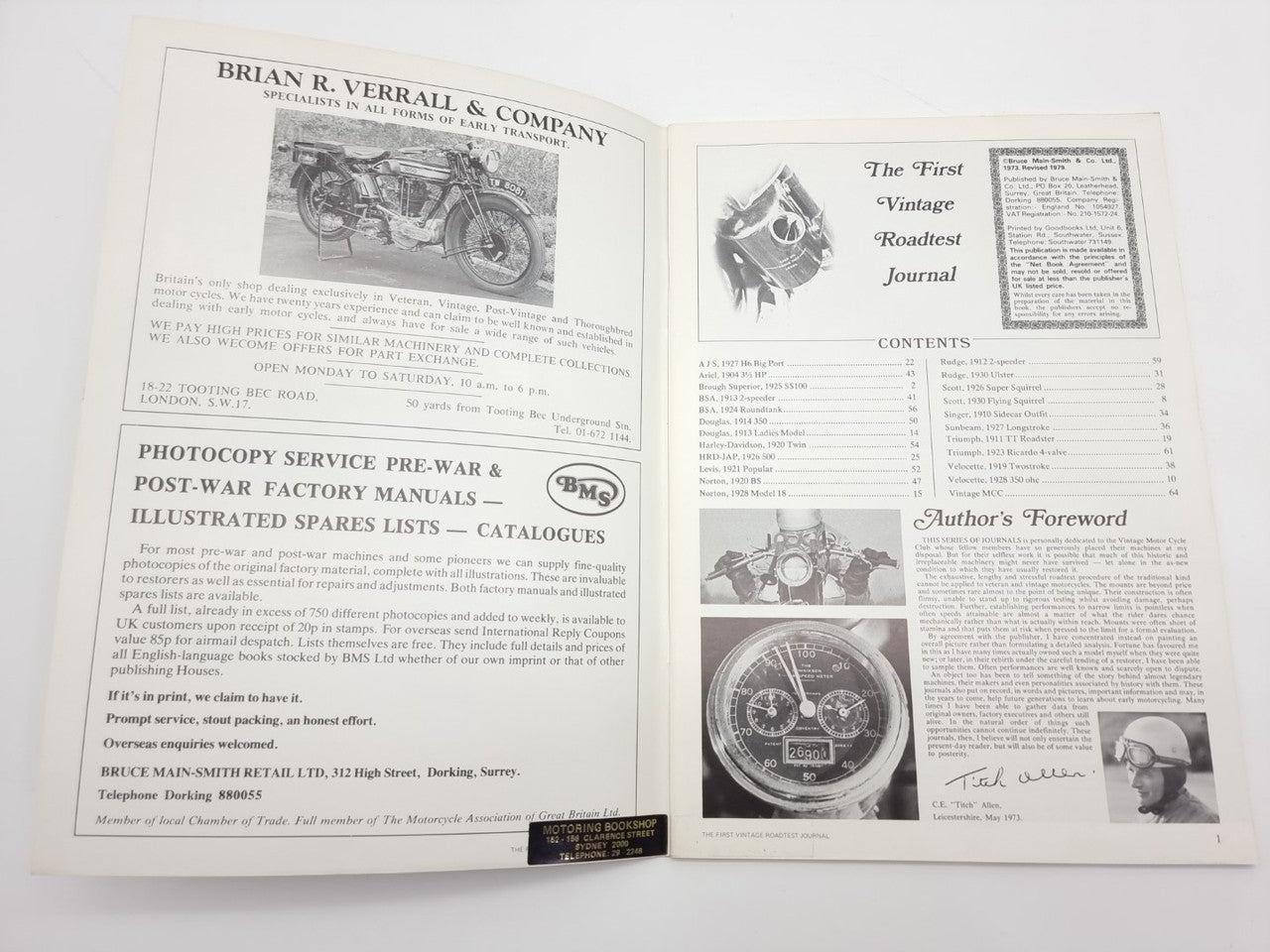 Vintage road test journal open to contents page and author’s foreword