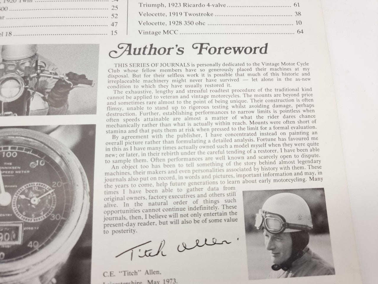Vintage road test journal Author’s Foreword page with portrait photo and signature